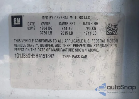 2017 Chevrolet Sonic Ls Auto from USA, damaged, VIN 1G1JB5SH5H4151847